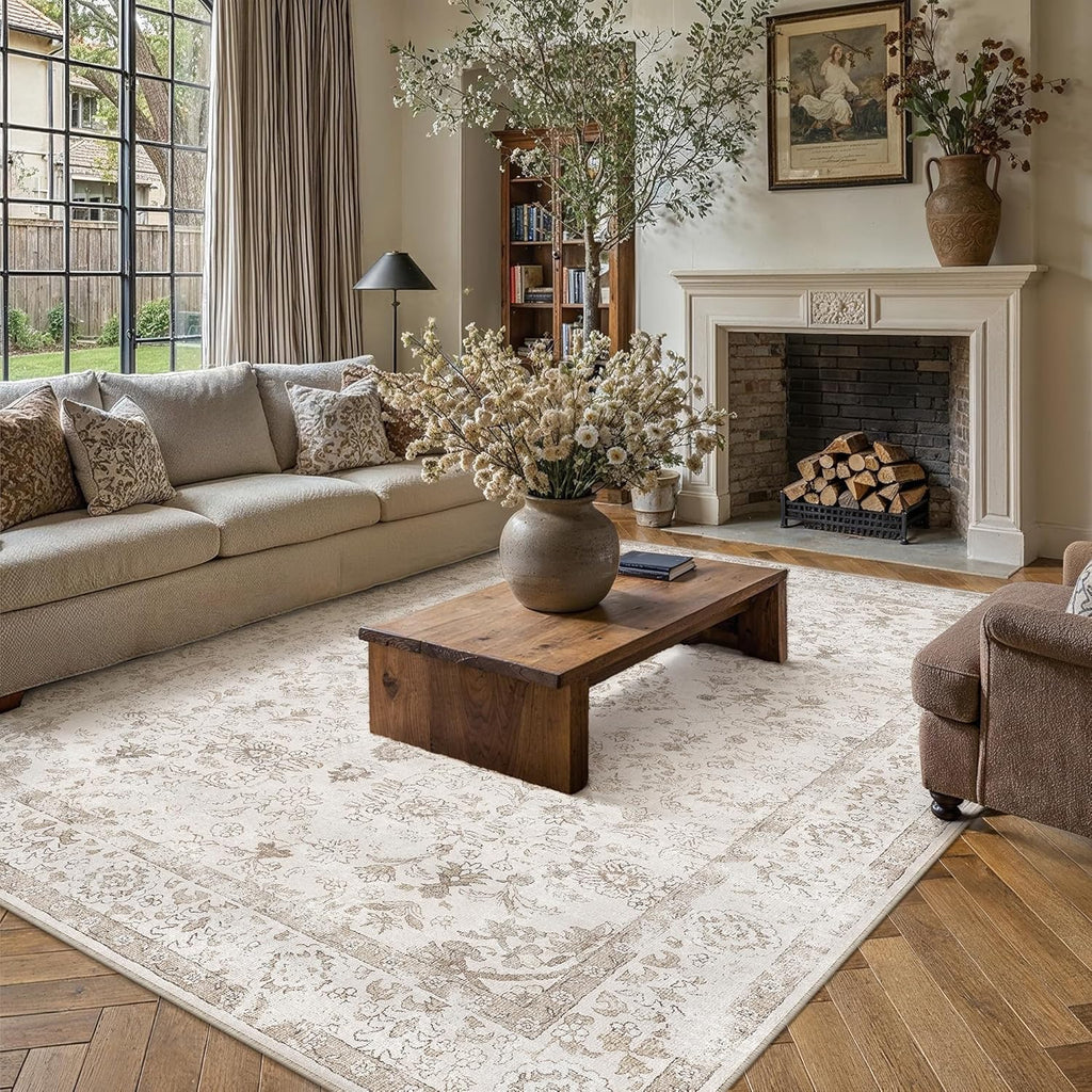 PureCozy Beige 8x10 Washable Area Rug for Living Room Neutral Vintage Floral Medallion Soft Large Rugs Low Pile Non Slip Distressed Indoor Office Carpet for Bedroom Dining Room Nursery