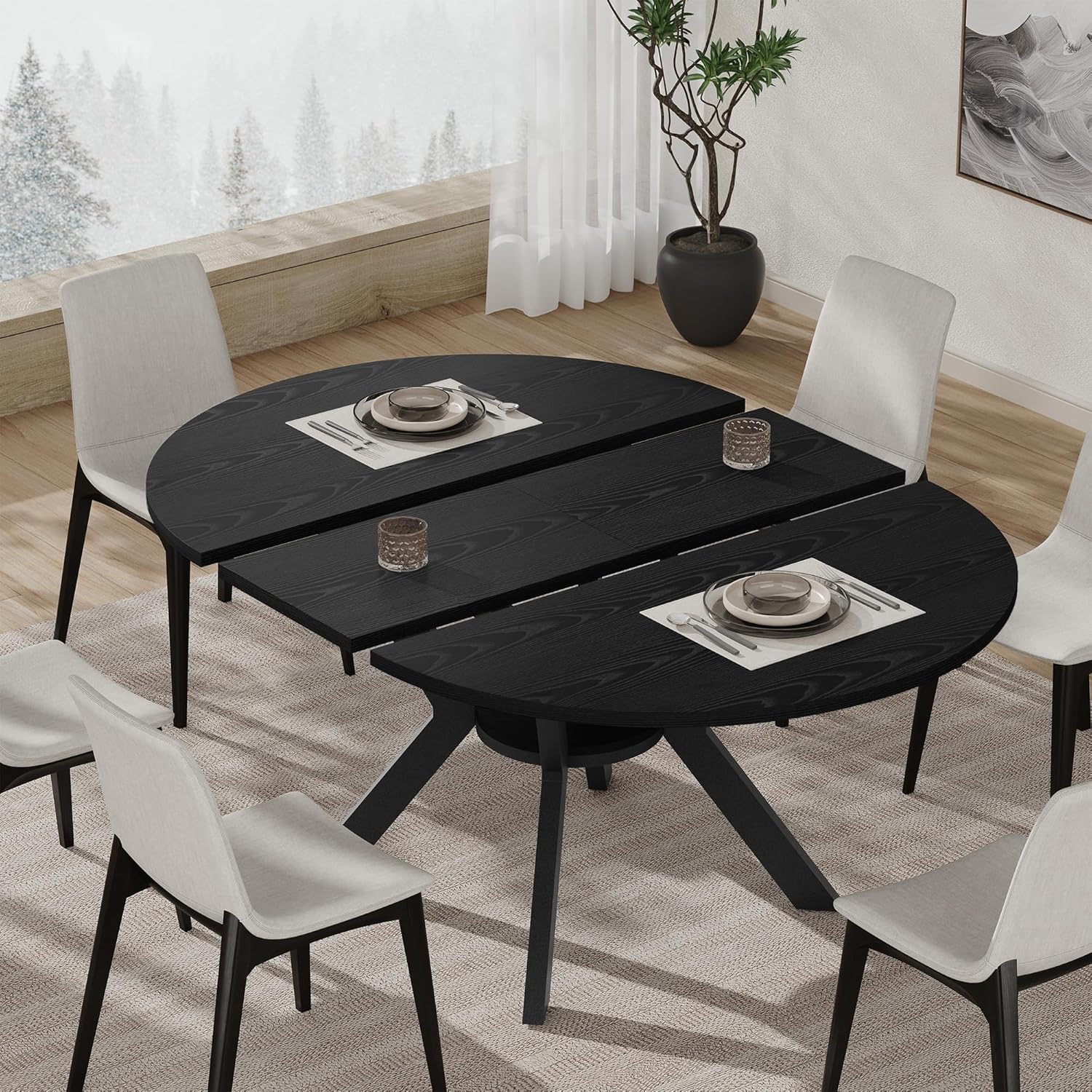 42"-58" Extendable Round Dining Table with Built-in Flip Leaf, Modern Oval Kitchen Table for 4-6, Space-Saving Small Room Furniture with Storage Shelf and X-Shaped Metal Base for Kitchen, Dining Room