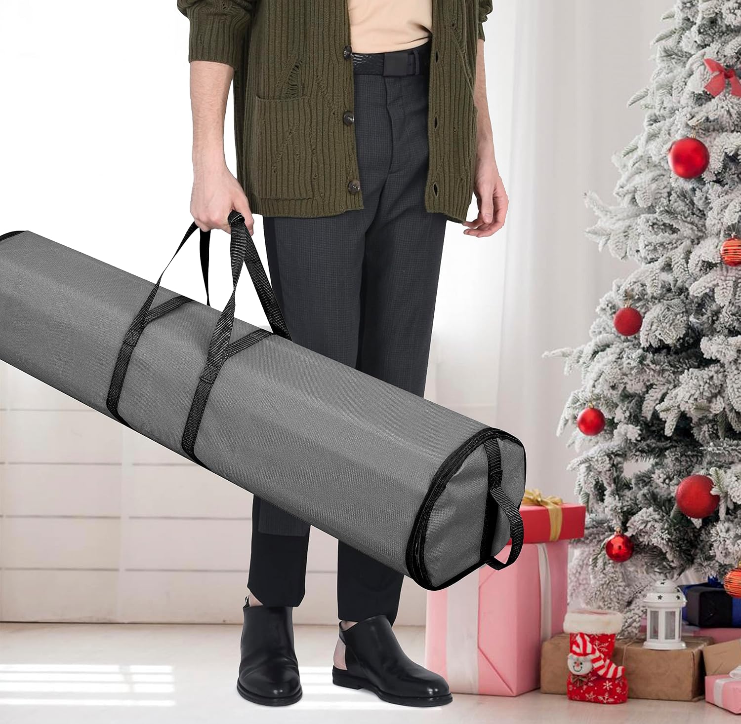 ProPik Wrapping Paper Storage Bag | Gift Wrap Holder Organizer | 2 Pack Store Up to 48 Rolls 40 Inch Long | Heavy Duty 600D Oxford Material Holiday Container | Top & side handles (Gray)