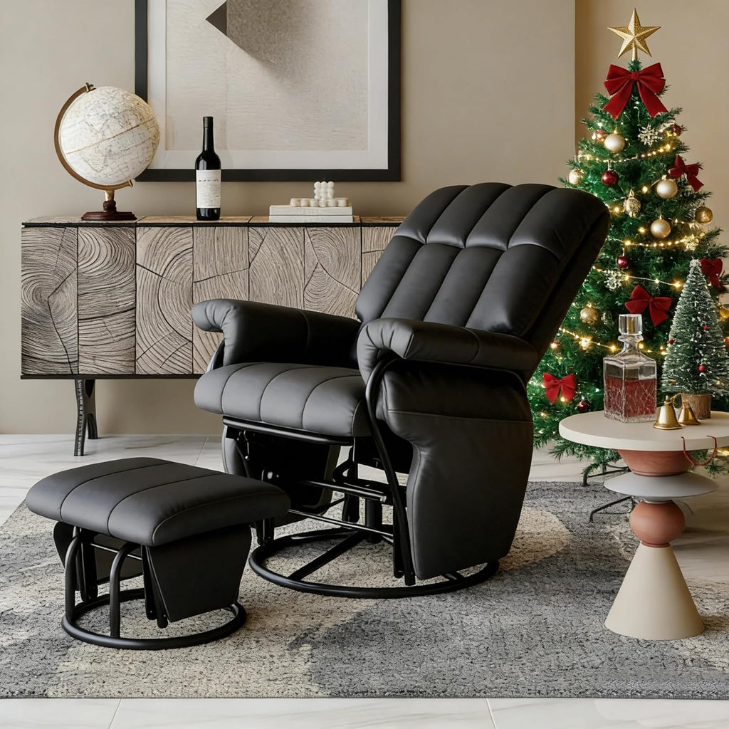 AODAILIHB 360° Swivel Glider Recliner with Ottoman, Nursing Glider Rocking Chair with Foot Rest & 2 Side Pockets for Nursery, Living Room, Bedroom, Office, Black