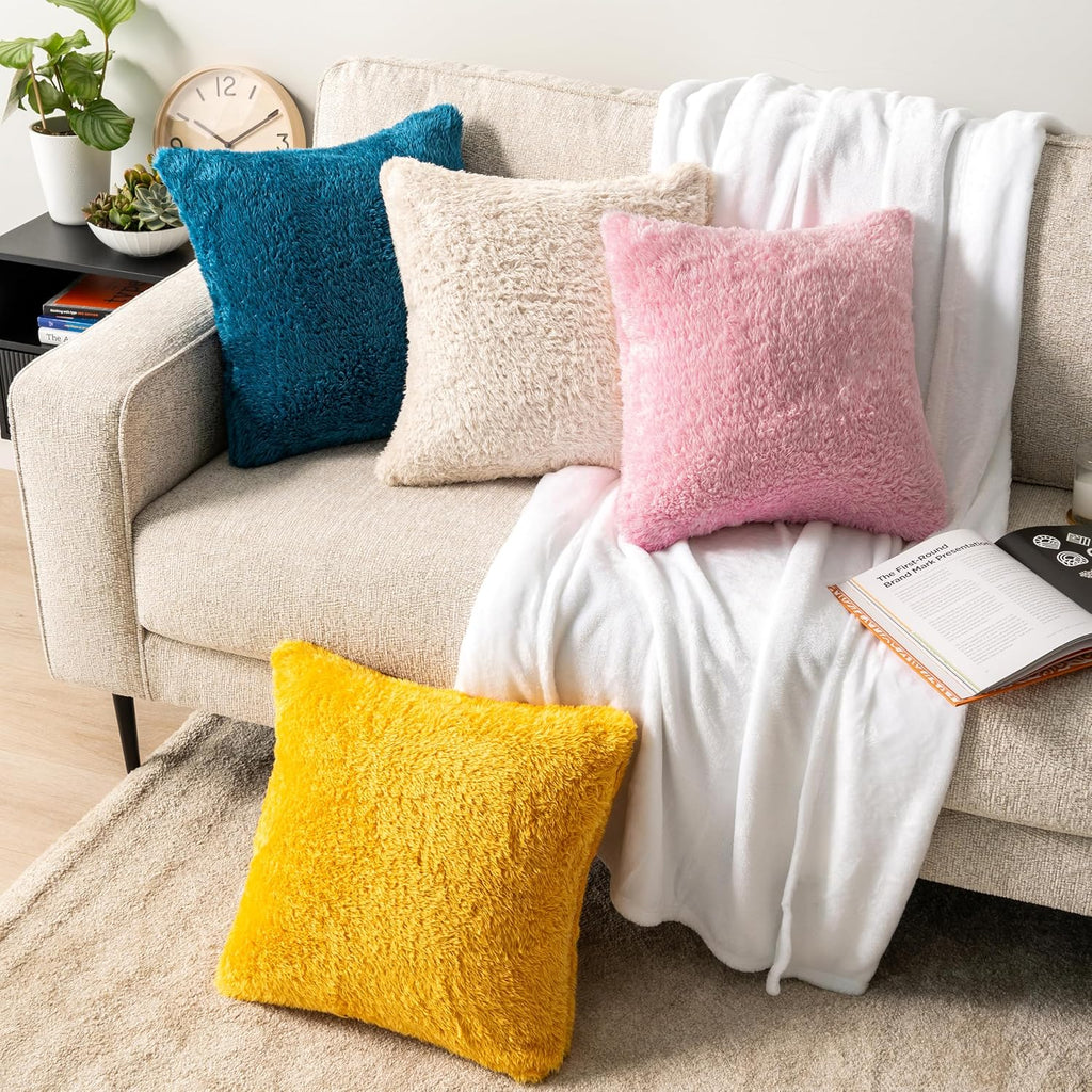 PAVILIA Fluffy Cream Ivory Throw Pillow Covers, Decorative Accent Pillow Cases for Bed Sofa Couch, Soft Faux Fur Cushion Cover, Square Sherpa Pillowcases, Home Room Decor, Beige, 18x18 Set of 2