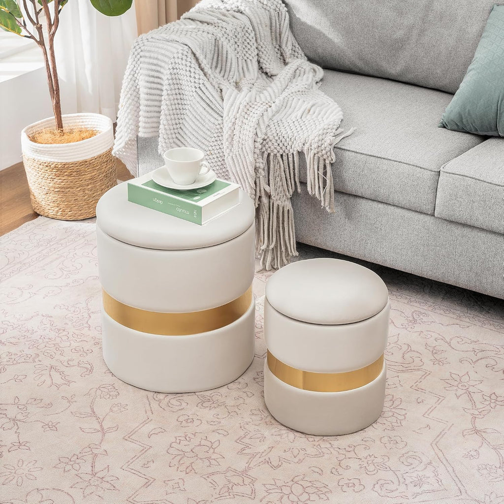 Joveco Round Storage Ottoman Set of 2, Velvet Upholstered Foot Rest Stool Vanity Footsool for Living Room, Bedroom, Light Beige