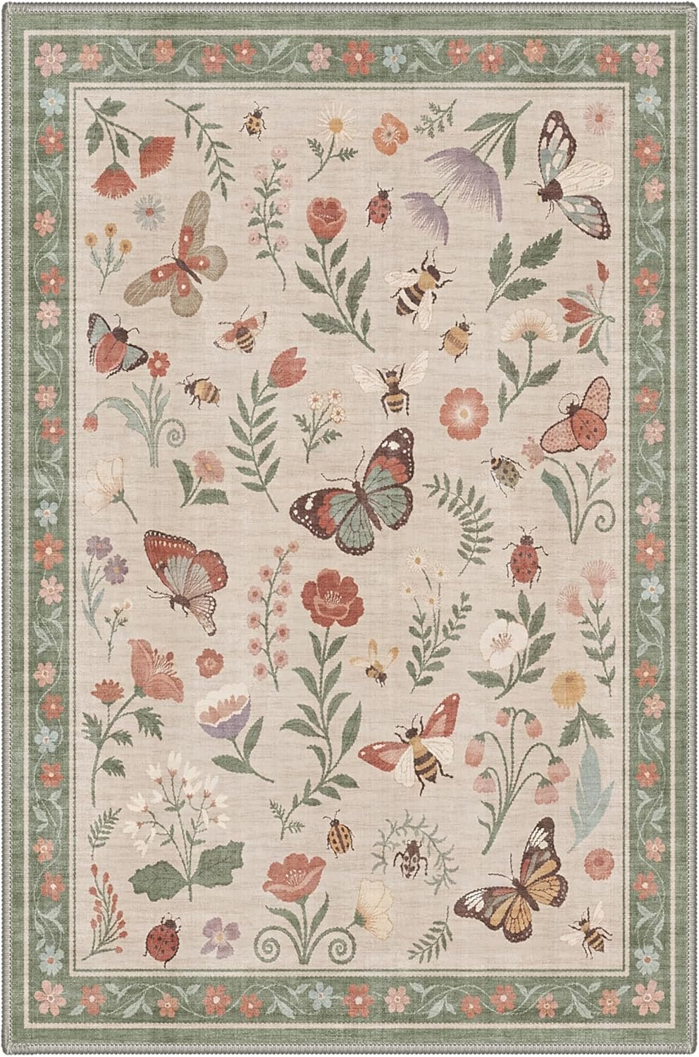 GENIMO 2x5 Runner Rug Non Slip Machine Washable Low Pile for Hallway Kitchen Laundry Room Bedroom Bathroom, Butterfly Garden Print Pattern Light Weight, Dusty Sage