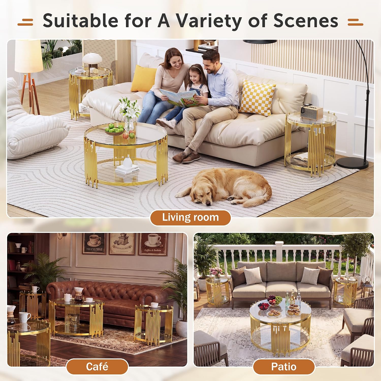 Luxury Gold Round Glass End Table Set of 2, 19.7" Modern Side Table with Stainless Steel Irregular Leg Clear Tempered Glass Tabletop, Accent Furniture for Living Room, Clear