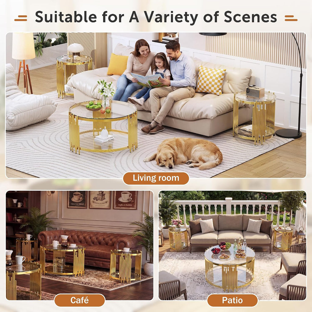Luxury Gold Round Glass End Table Set of 2, 19.7" Modern Side Table with Stainless Steel Irregular Leg Clear Tempered Glass Tabletop, Accent Furniture for Living Room, Clear