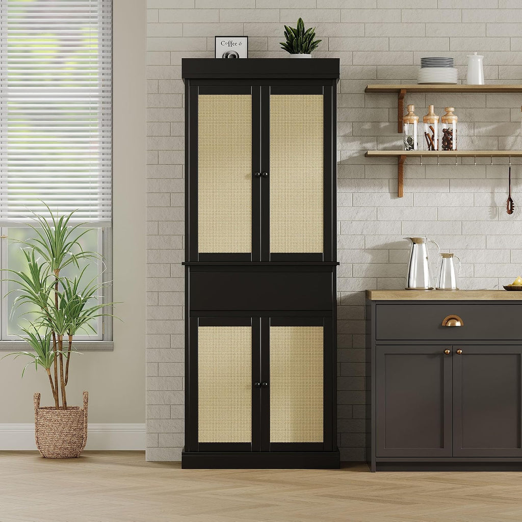 Slim Tall Pantry Cabinet - 4 Rattan Doors, Drawer, and 2 Adjustable Shelves - Freestanding Storage Cupboard for Entryway, Kitchen, Dining Room, Bathroom, or Office,Black