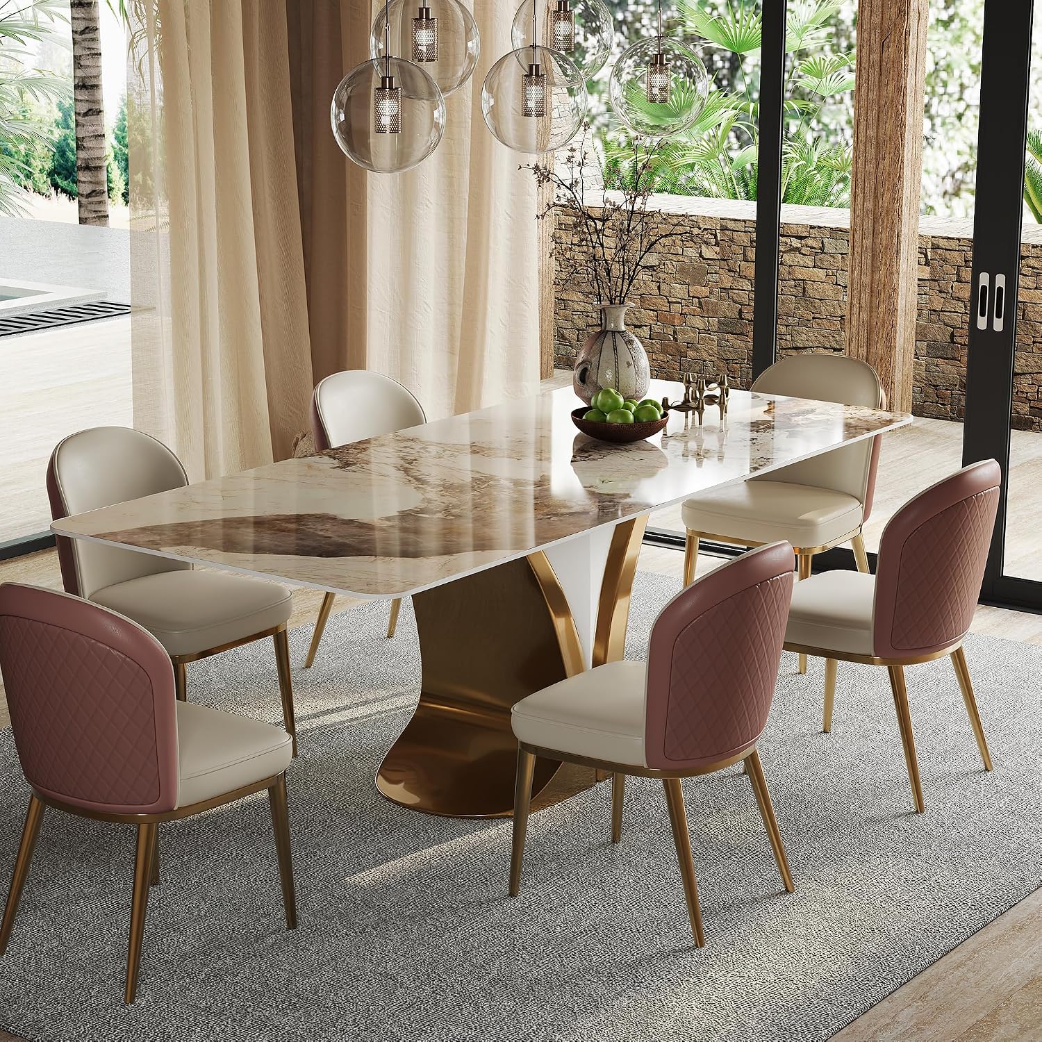 71'' Rectangular Dining Table for 6-8 People, Modern Sintered Stone Kitchen Table Top with Gold Metal Legs, Luxury Dining Room Table with Faux Marble Tabletop for Home, Restaurant