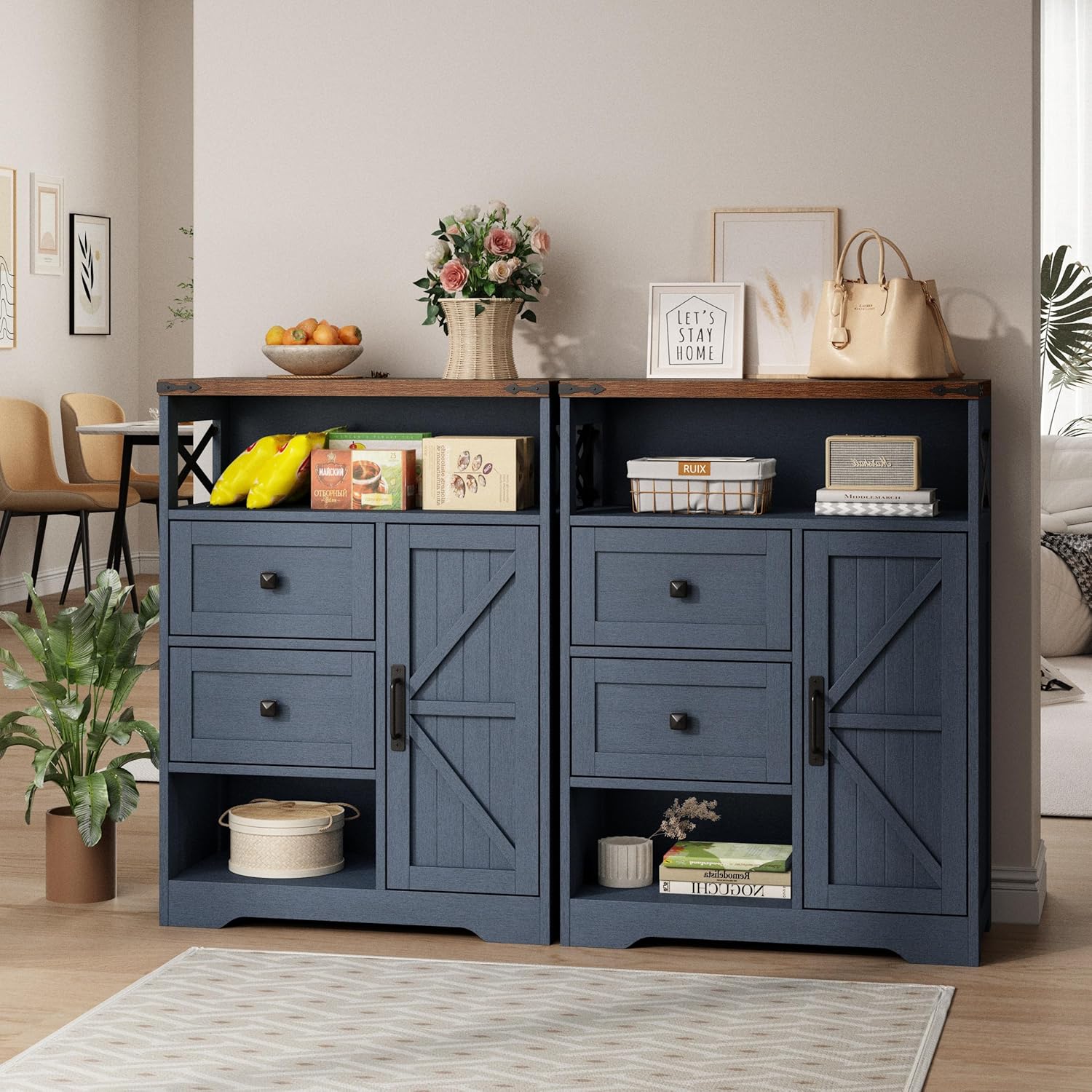 Fameill Farmhouse Storage Cabinet with 2 Drawers & Shelves, Freestanding Kitchen Cabinet with Doors, Floor Storage Organization for Living Room, Bathroom, Laundry, Blue, 27.5" L x 11.8" W x 37.5" H