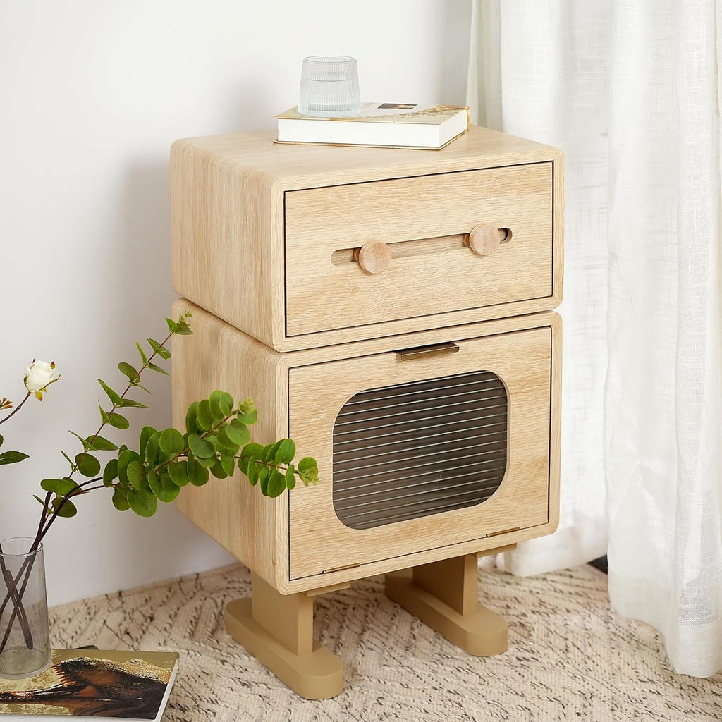Merax Rotatable Robot End Table with Drawer and Cabinet, Creative MDF Storage Side Table Living Room Office Accent Table Bedroom Nightstand, 16"x12"x26", Natural Color