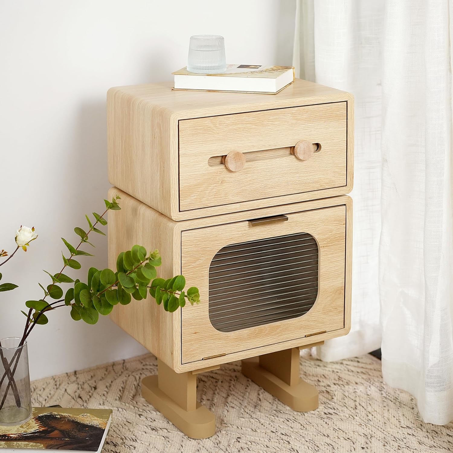Merax Rotatable Robot End Table with Drawer and Cabinet, Creative MDF Storage Side Table Living Room Office Accent Table Bedroom Nightstand, 16"x12"x26", Natural Color