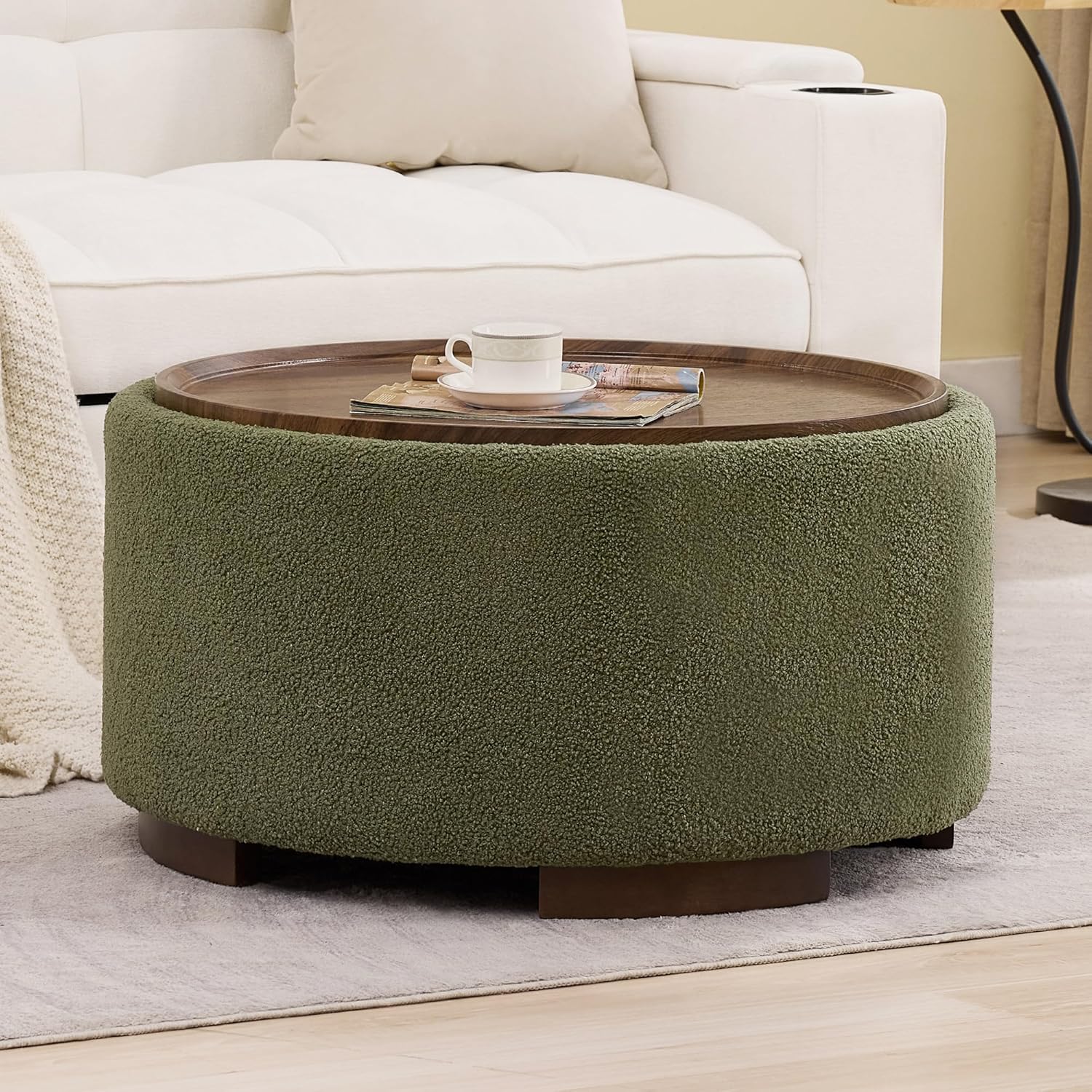 29.5 Inch Round Storage Ottoman Coffee Table,Modern Circle Coffee Table with Storage with Removable Lid Top and Solid Wood Legs,Large Round Ottoman for Bedroom,Living Room,Teddy Fleece,Green