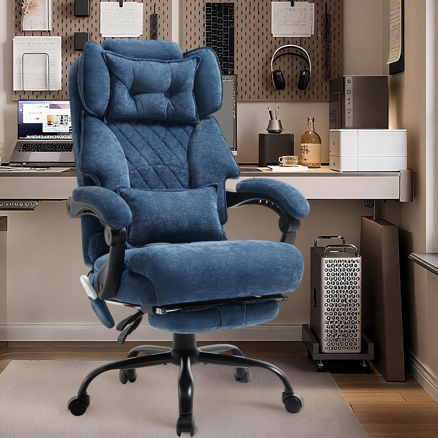 Massage Office Chair with Foot Rest,6 Points Vibration&Heat Executive Office Chairs,Big and Tall Fabric Office Chair 500LBS,Ergonomic Desk Chair for Heavy People,Home and Office Computer Chair,Blue