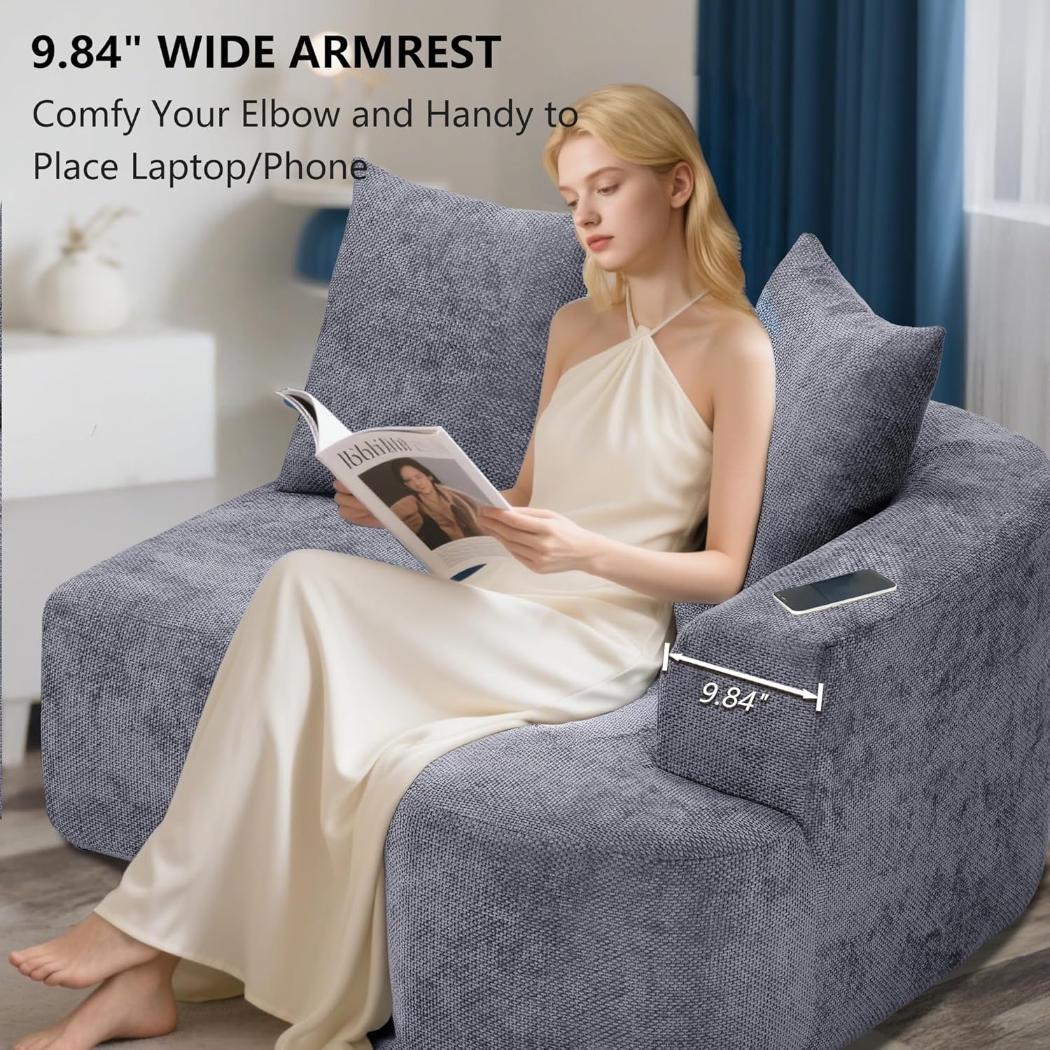 L Shaped Single Sofa, Modern Comfy Chenille Fabric Loveseat Couch, No Assembly Required Small Couch with Deep Seat, 2 Pillows for Living Room, Apartment, Bedroom