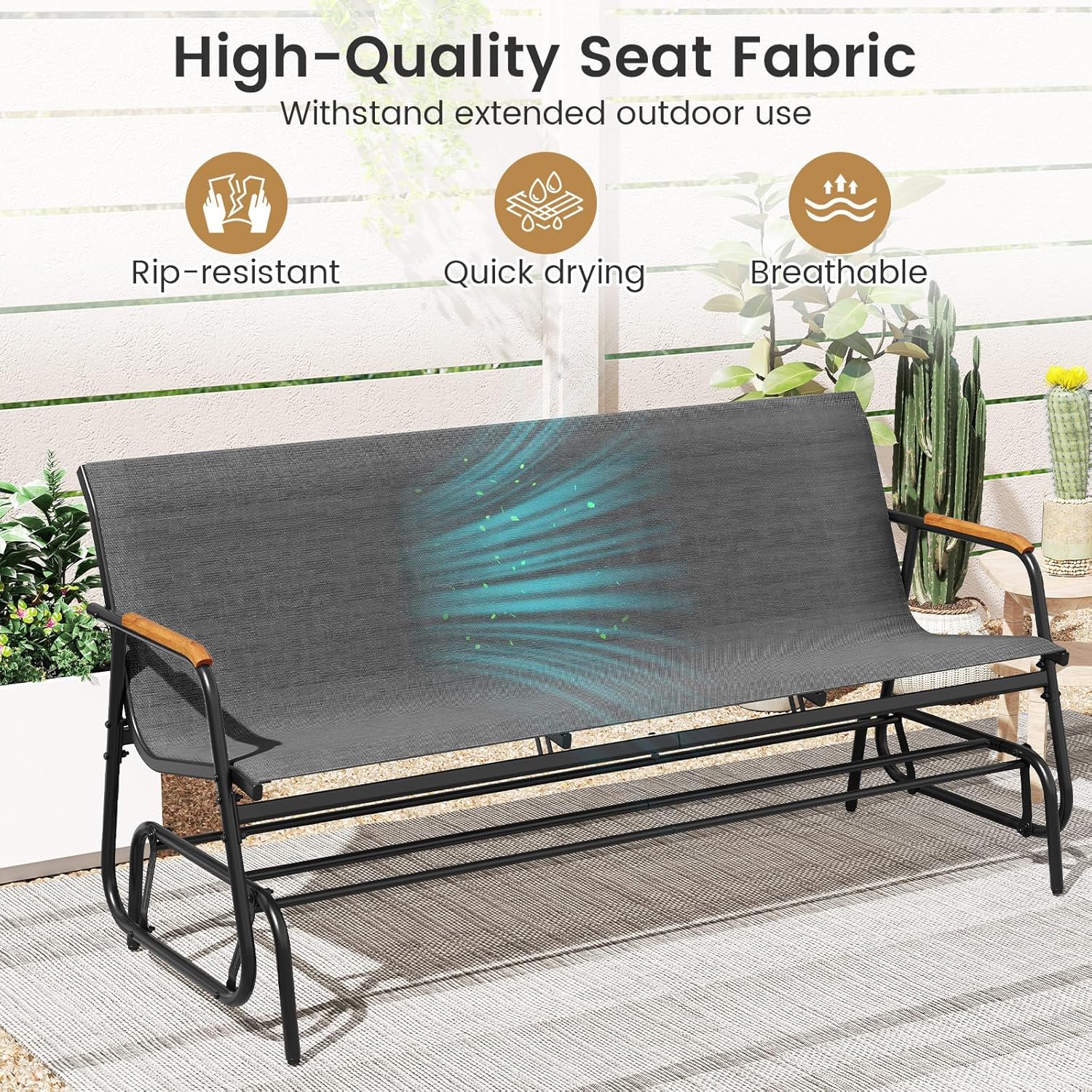 Tangkula 3-Person Outdoor Glider Bench, Patio Gliding Loveseat with Breathable Fabric Seat, Curved Teak Wood Armrests and Metal Frame, Swing Rocking Chair for Backyard (Grey, 3 Seat)