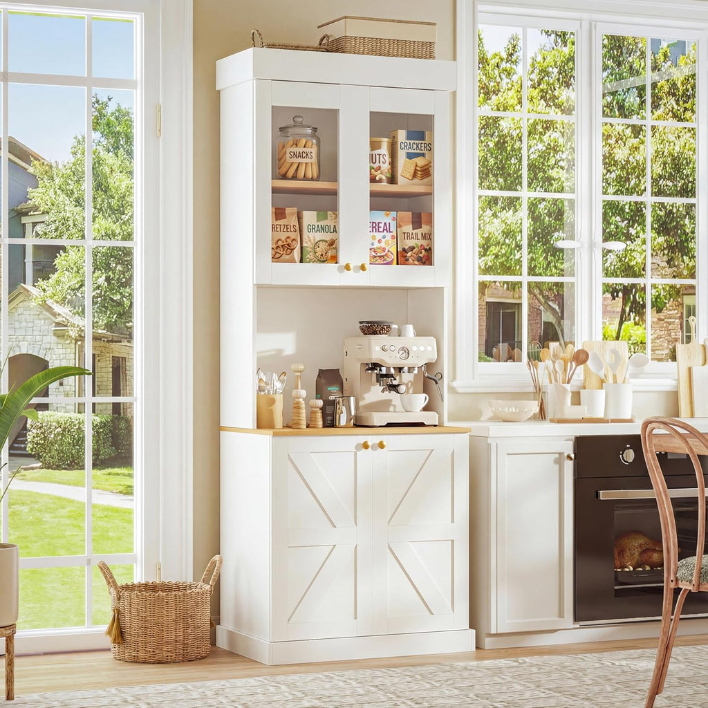 ivaniti 71" Tall Farmhouse Kitchen Pantry, Large Storage Cabinet with Glass Doors, Freestanding Coffee Bar Hutch with Microwave Stand, Adjustable Shelves for Kitchen and Living Room, White