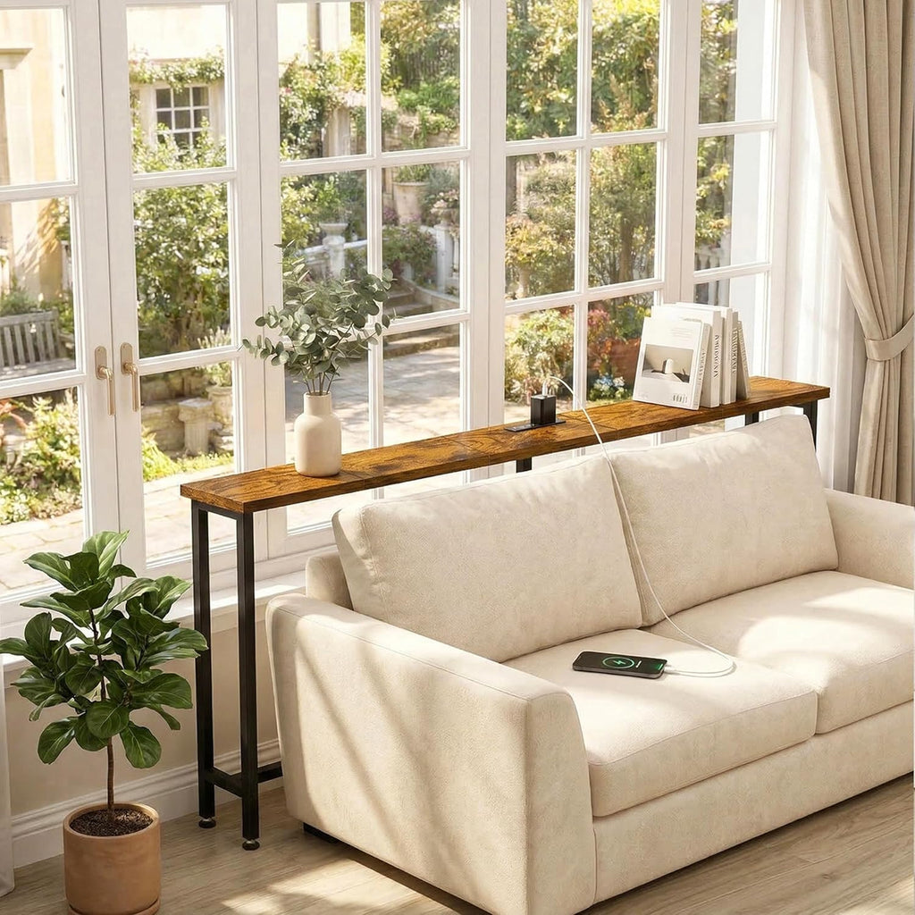 70" Narrow Sofa Table with Outlet (2 AC Outlets & 2 USB Ports), Behind Couch Table with Charging Station, Long Skinny Console Table for Living Room, Entryway and Hallway (Rustic Brown)