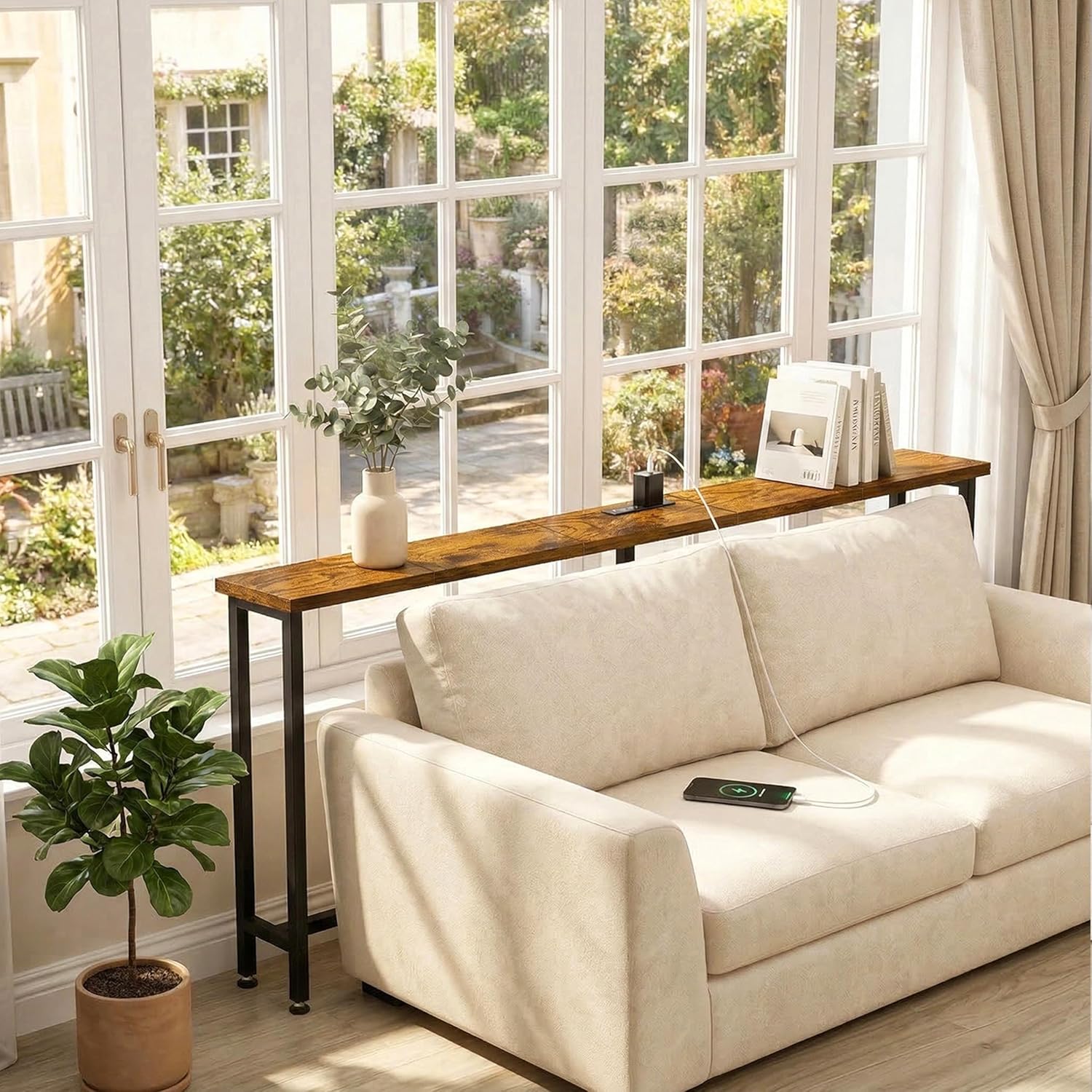 70" Narrow Sofa Table with Outlet (2 AC Outlets & 2 USB Ports), Behind Couch Table with Charging Station, Long Skinny Console Table for Living Room, Entryway and Hallway (Rustic Brown)