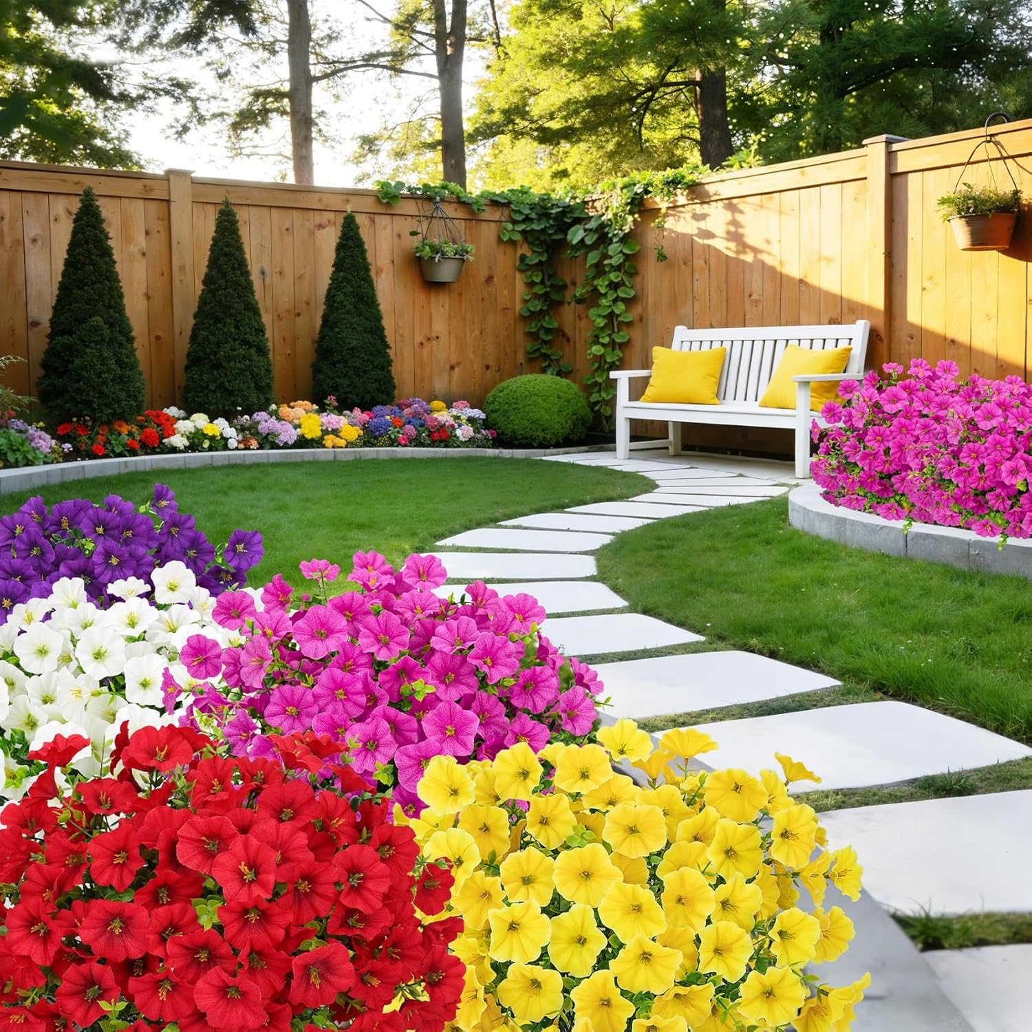 20 Bundles Artificial Flowers for Outdoors, Fake Flower UV Resistant Silk Morning Glory Petunias Eucalyptus Faux Plants for Outside Planter Vase Garden Yard Porch Window Home Decor, Multicolor