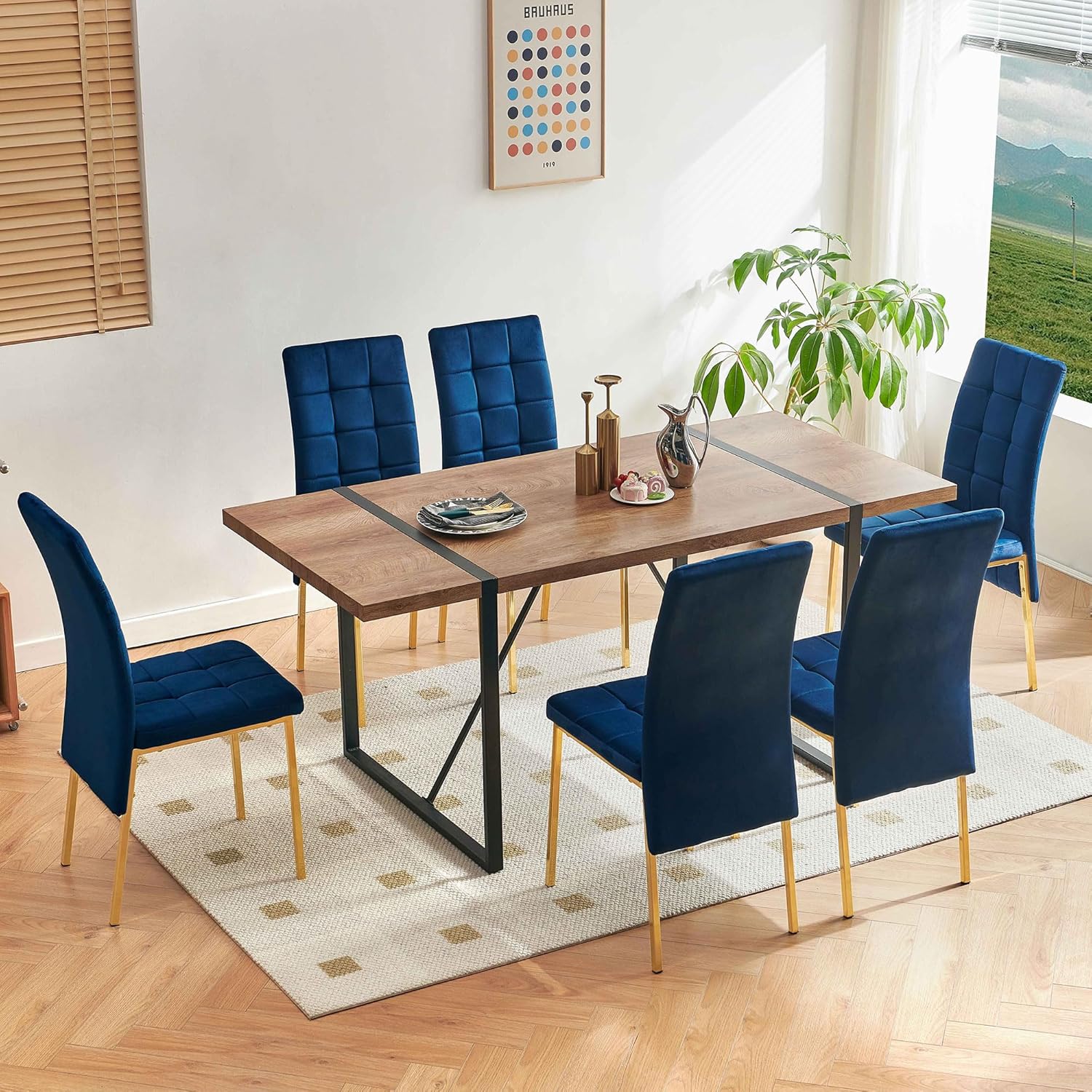 Homedot Modern Dining Room Chairs Upholstered Set of 6, Navy Blue Kitchen Chairs Mid Century High Back Dinner Side Chairs Space Saving with Padded Seat/Metal Legs for Dining/Reading