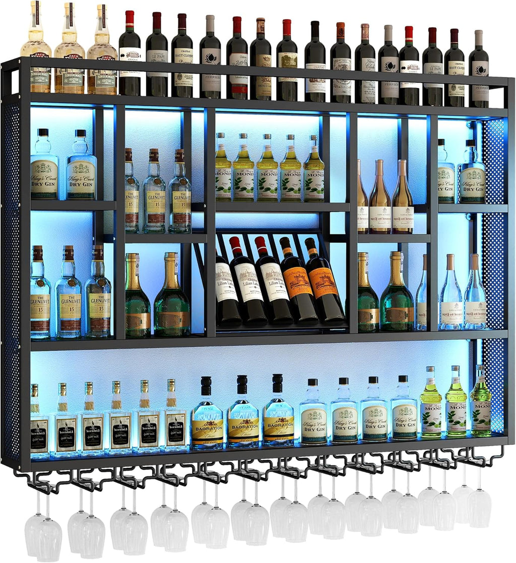 4-Tiers 59in Wine Rack Wall Mounted with LED Light, Floating Bar Shelves for Liquor Bottles, Metal Industrial Hanging Display Shelf for Home Kitchen Bar Cafe Wine Cellar Decoration