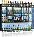 4-Tiers 59in Wine Rack Wall Mounted with LED Light, Floating Bar Shelves for Liquor Bottles, Metal Industrial Hanging Display Shelf for Home Kitchen Bar Cafe Wine Cellar Decoration