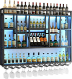 4-Tiers 59in Wine Rack Wall Mounted with LED Light, Floating Bar Shelves for Liquor Bottles, Metal Industrial Hanging Display Shelf for Home Kitchen Bar Cafe Wine Cellar Decoration
