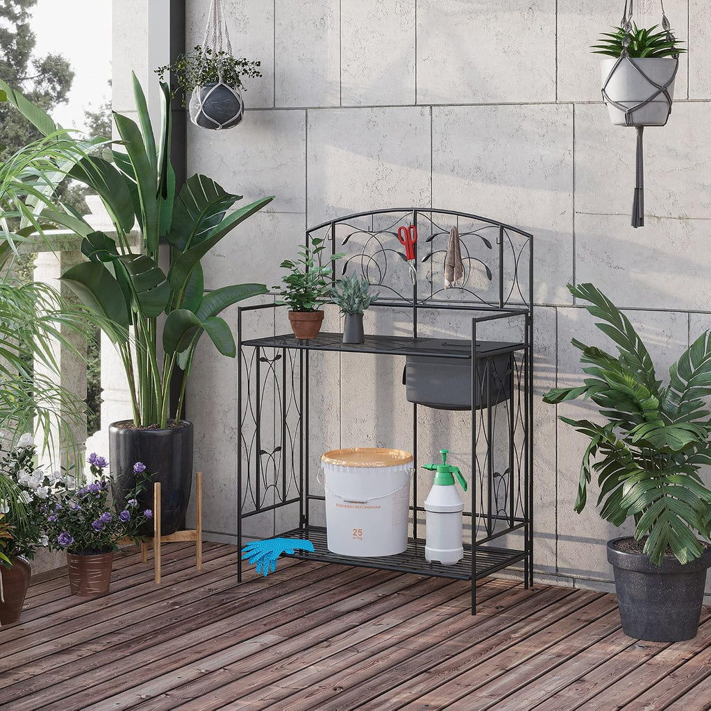 Outsunny Folding Potting Bench Table, Metal Garden Workstation, Work Bench with Large Built-in Bag with Cover, 5 Hanging Hooks & Storage Shelf, Leaf Pattern