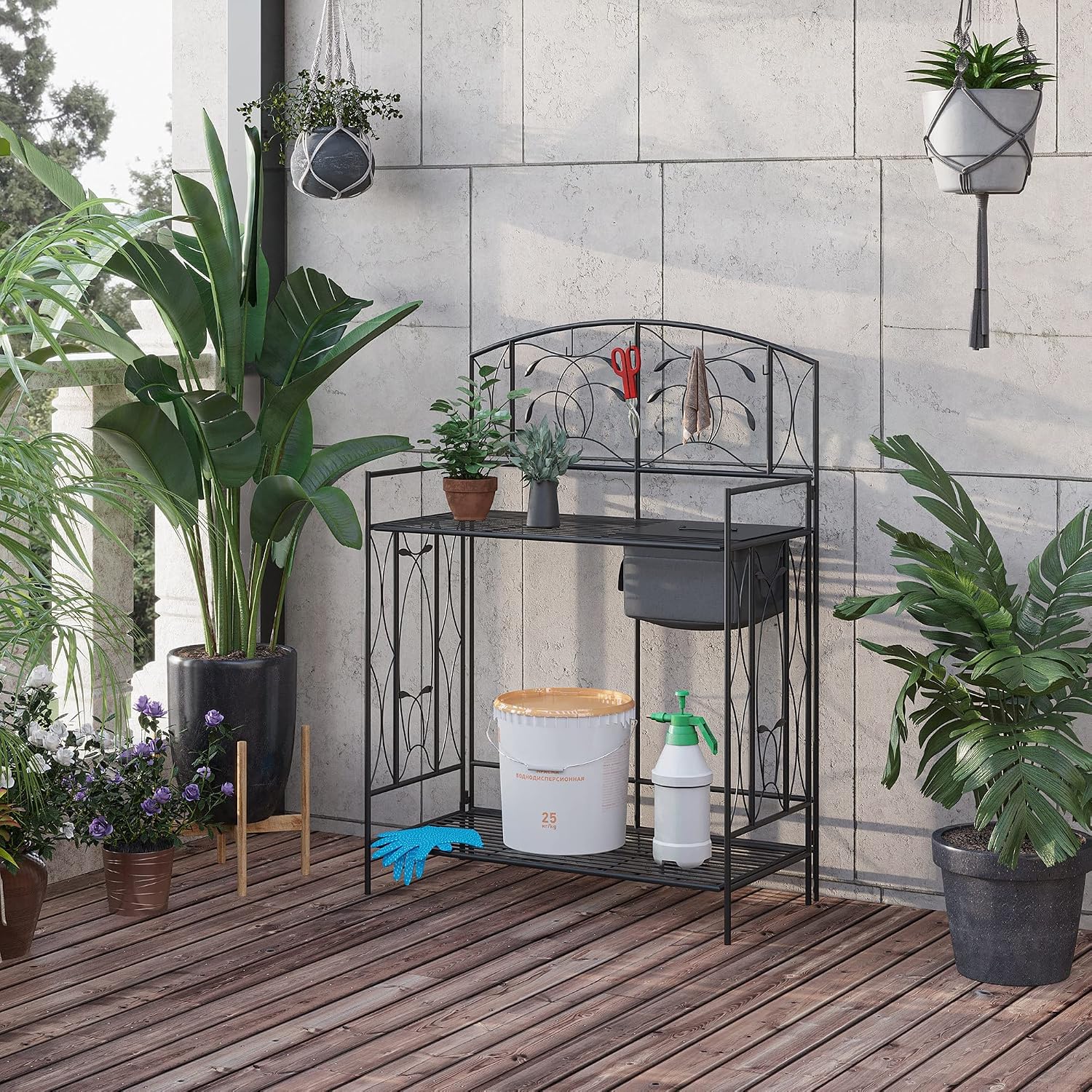Outsunny Folding Potting Bench Table, Metal Garden Workstation, Work Bench with Large Built-in Bag with Cover, 5 Hanging Hooks & Storage Shelf, Leaf Pattern