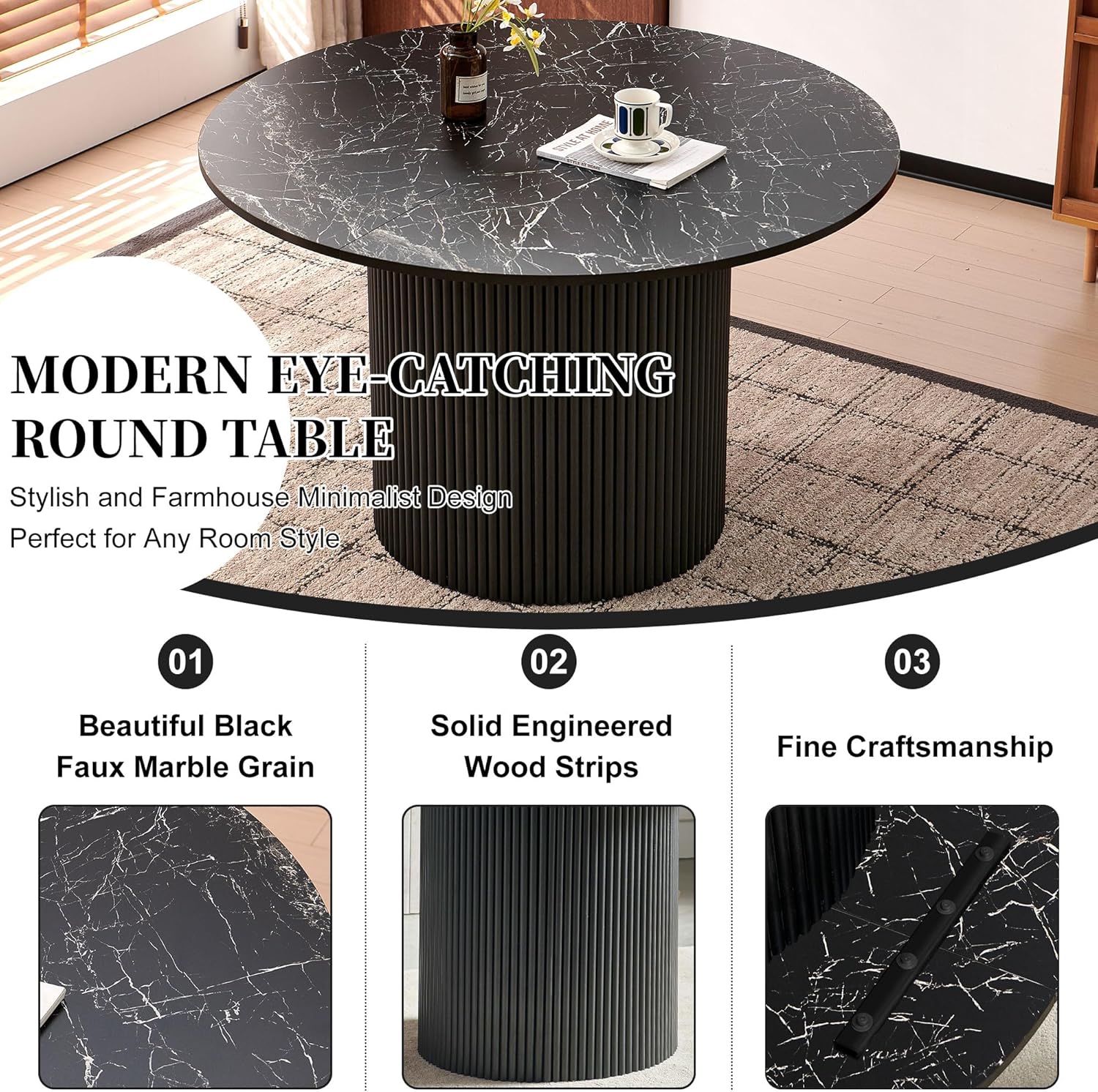Homedot Kitchen&Dining Room Table Set for 4, Black Wooden Dining Table Round and Upholstered Kitchen Side Living Room Chairs Set, Rustic Dining Set with Grey Velvet Chairs for Apartment Dining Hall