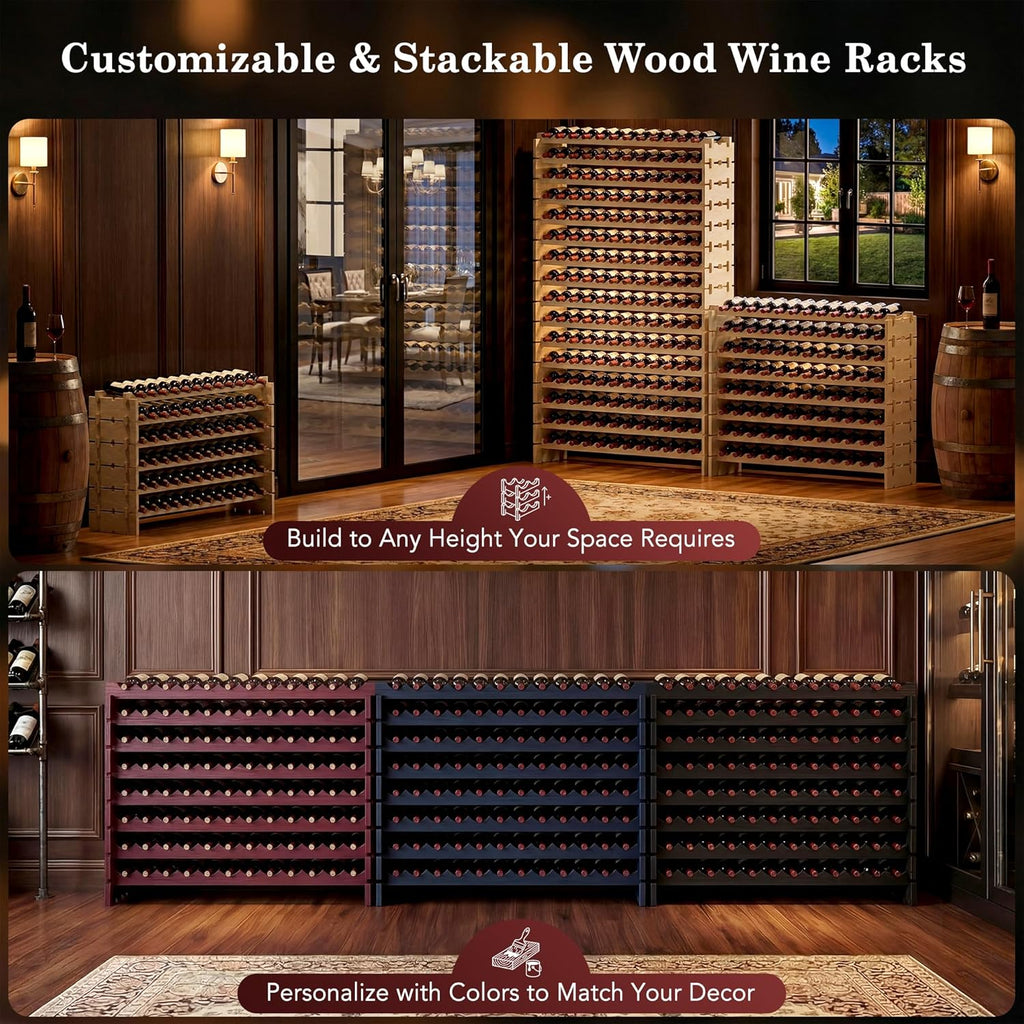 F2C Wood 96-Bottle Stackable Modular Wine Rack Wood Wine Cabinet Free Standing Wine Storage Organizer Display Shelf Wine Bottle Holder Kitchen Decor Classic Style, Wobble Free (96 Bottles)