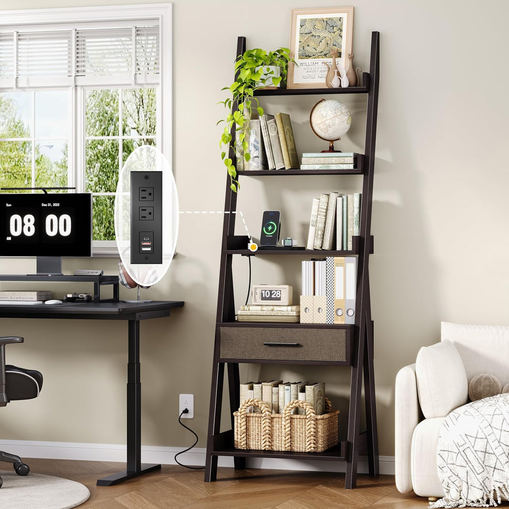 DynJest 5-Tier Bookshelf with Drawer, 70" Tall Ladder Shelf with Power Outlet &USB Fast Charging, Leaning Freestanding Shelves for Living Room, Home Office, Bedroom, Industrial Style, Espresso