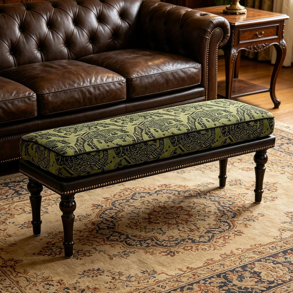 Forteek 47" End of Bed Bench, Traditional Upholstered Bedroom Bench with Removable Washable Jacquard Fabric Cover, Nailhead Trim, Vintage Accent Bench for Bedroom Living Room Entryway(Vintage Green)