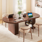 Jocoevol 78.7" Dining Table for 6-10 People, Oval Dining Room Table with 3-Tier Storage Shelf, Modern Wood Kitchen Tables with Heavy Duty Pedestal Base for Home, Dining Room, Walnut