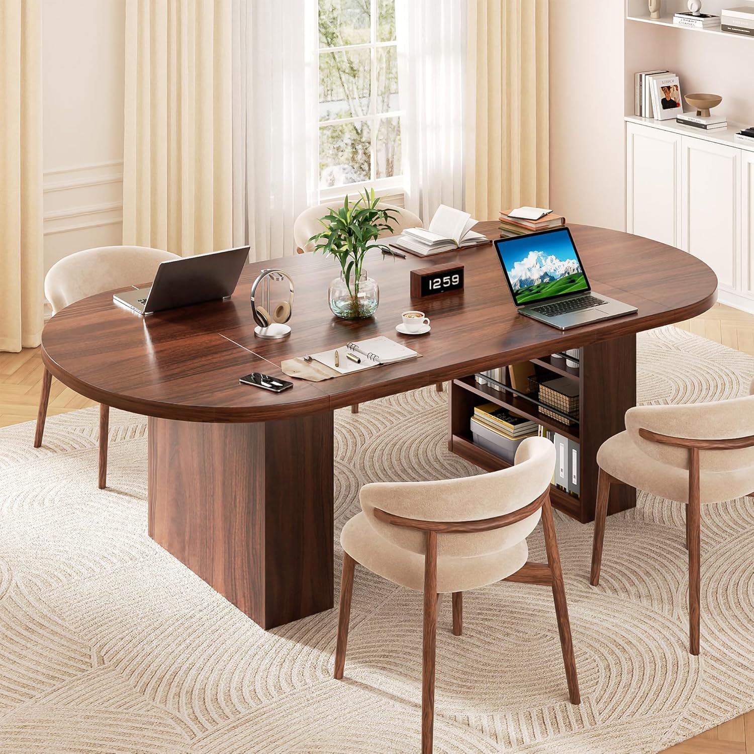 Jocoevol 78.7" Dining Table for 6-10 People, Oval Dining Room Table with 3-Tier Storage Shelf, Modern Wood Kitchen Tables with Heavy Duty Pedestal Base for Home, Dining Room, Walnut