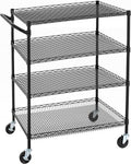 Finnhomy 4 Tier Heavy Duty Commercial Grade Rolling Cart with Handle Bar, Metal Wire Utility Cart with Wheels, Service Trolley on Wheels, Shelf Size 24" D x 36" W, NSF, Black