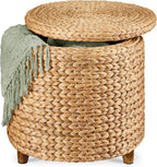 Best Choice Products 17" Round Storage Ottoman W/Lid, Handwoven Water Hyacinth Footstool, Footrest w/Wooden Legs, Accent Side Table, Storage Container, Plant Stand - Natural