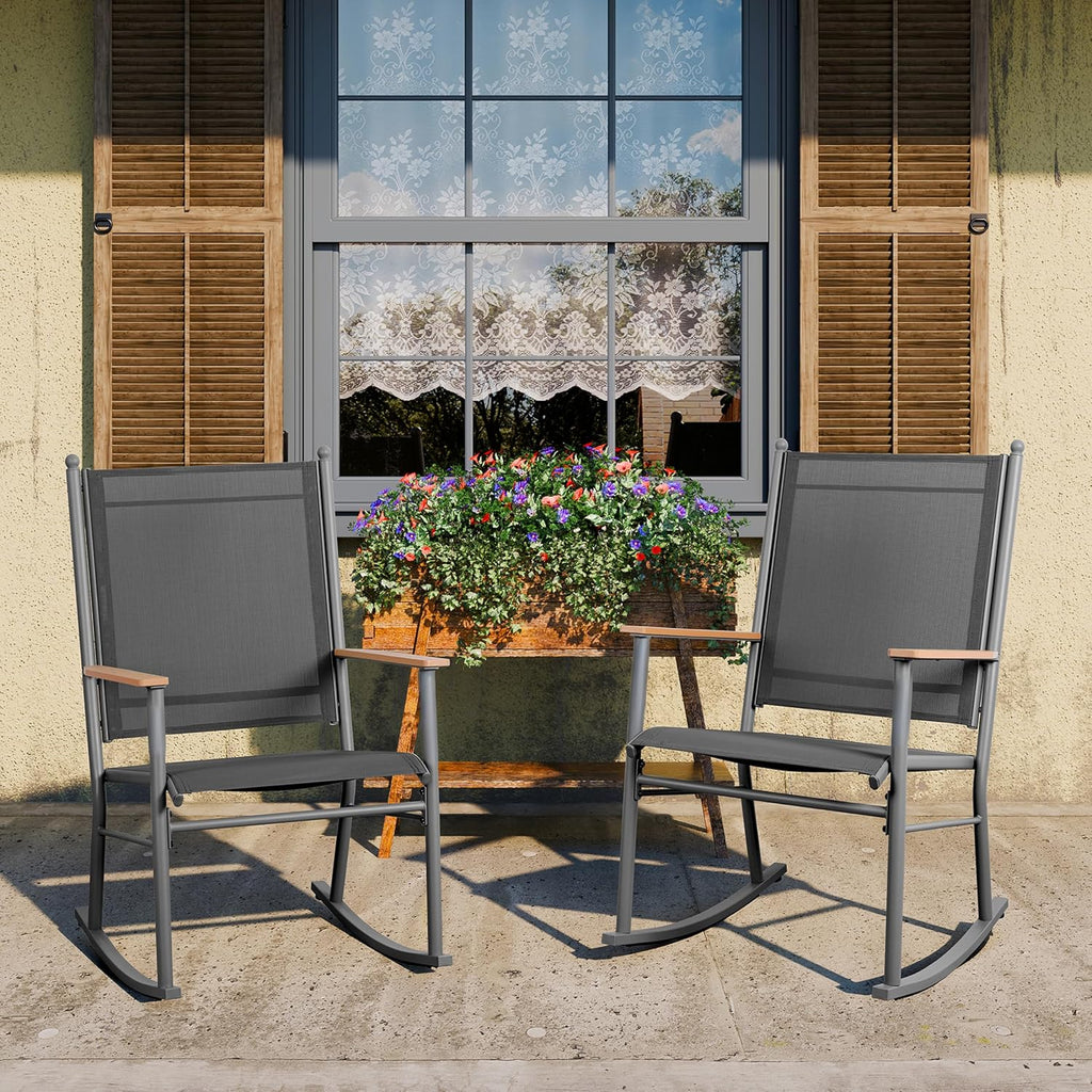 JY QAQA Outdoor Rocking Chair Set of 2, High Back All-Weather Patio Rocking Chairs with Breathable Back Rest for Adult, Ergonomic Design Porch Rocking Chairs for Porch, Garden, Balcony, Pool, Black