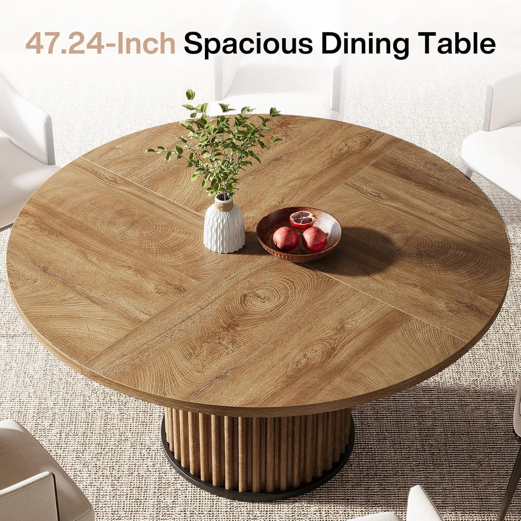 Tribesigns 47.24-Inch Brown Round Dining Table for 4-6 People, Modern Fluted MDF + Metal Base Kitchen Table, Sturdy Circle Dining Room Furniture, Brown