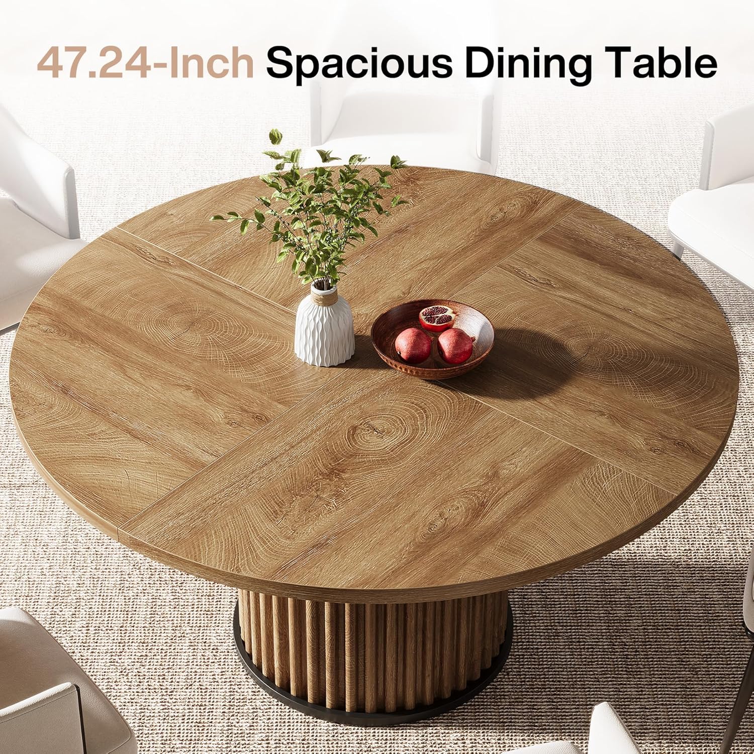 Tribesigns 47.24-Inch Brown Round Dining Table for 4-6 People, Modern Fluted MDF + Metal Base Kitchen Table, Sturdy Circle Dining Room Furniture, Brown