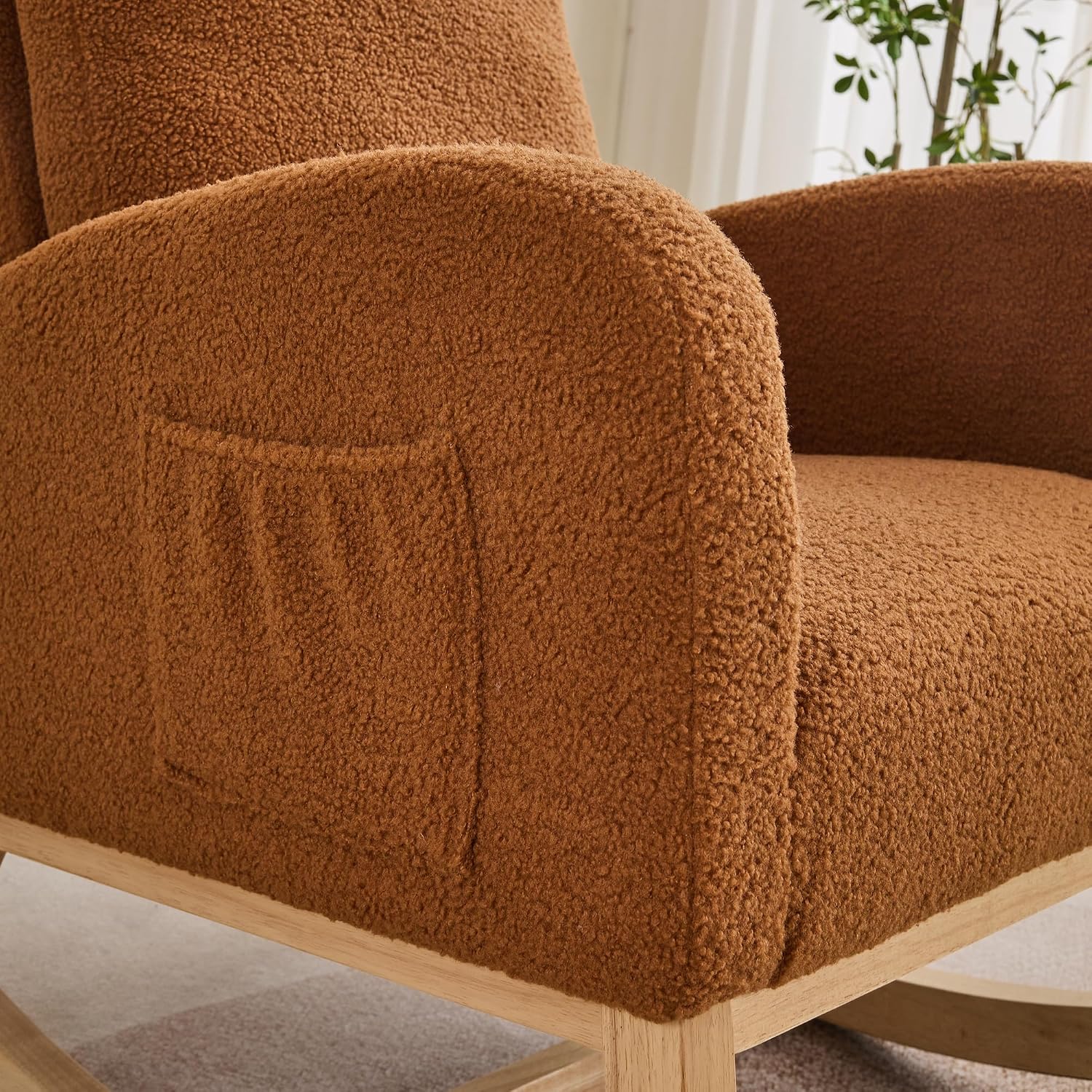 27.2" Rocking Chair for Nursery, Sherpa with Morden High Back and Side Pocket, Rocking Accent Armchair with Rubber Wood Legs for Living Room, Bedroom, Caramel
