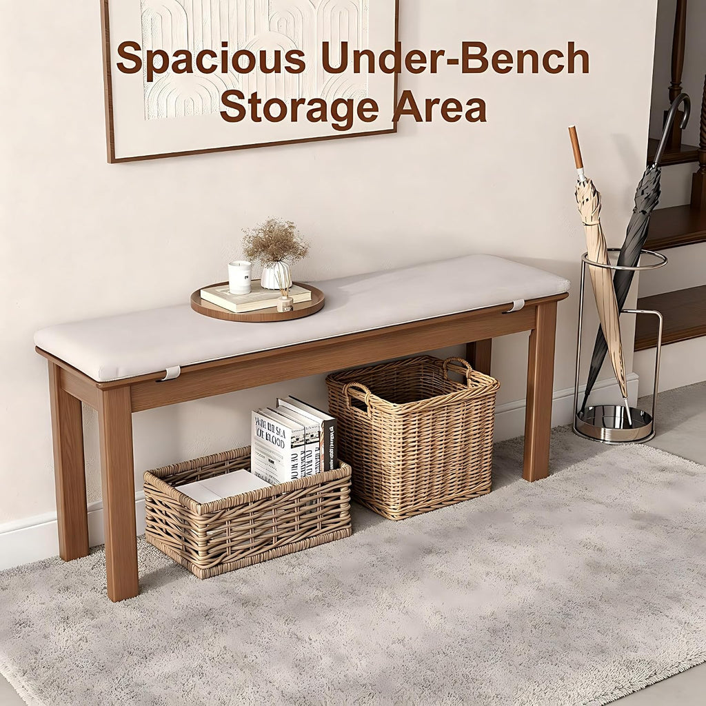 CycleCrew 47.2" Solid Wood Dining Bench with Removable Cushion - Mid-Century Modern Entryway Bench, Extra Height Upholstered Bench for Dining Table, End of Bed, Living Room