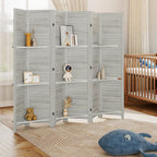 HOMCOM Room Divider, 6 Panel 67" Tall Wood Privacy Screen with 3 Display Shelves, and Folding Storage for Bedroom or Home Office, Distressed White