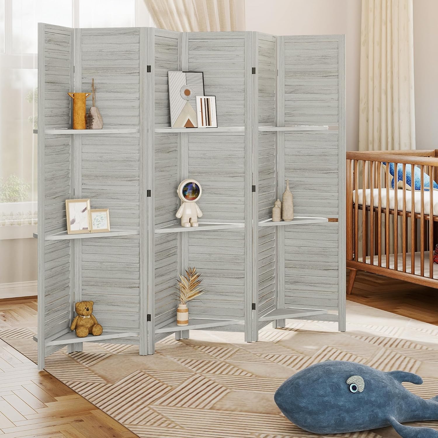 HOMCOM Room Divider, 6 Panel 67" Tall Wood Privacy Screen with 3 Display Shelves, and Folding Storage for Bedroom or Home Office, Distressed White