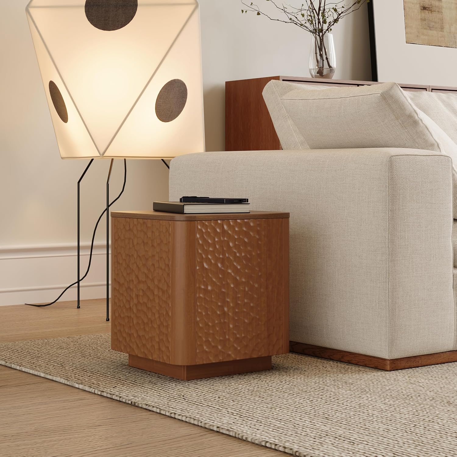 20 inch Square End Table, Wooden Sofa Side Table with Hammered Pattern & Solid Wood Veneer, Mid Century Modern Nightstand, Accent End Table for Living Room, Bedroom, Home Office, Walnut