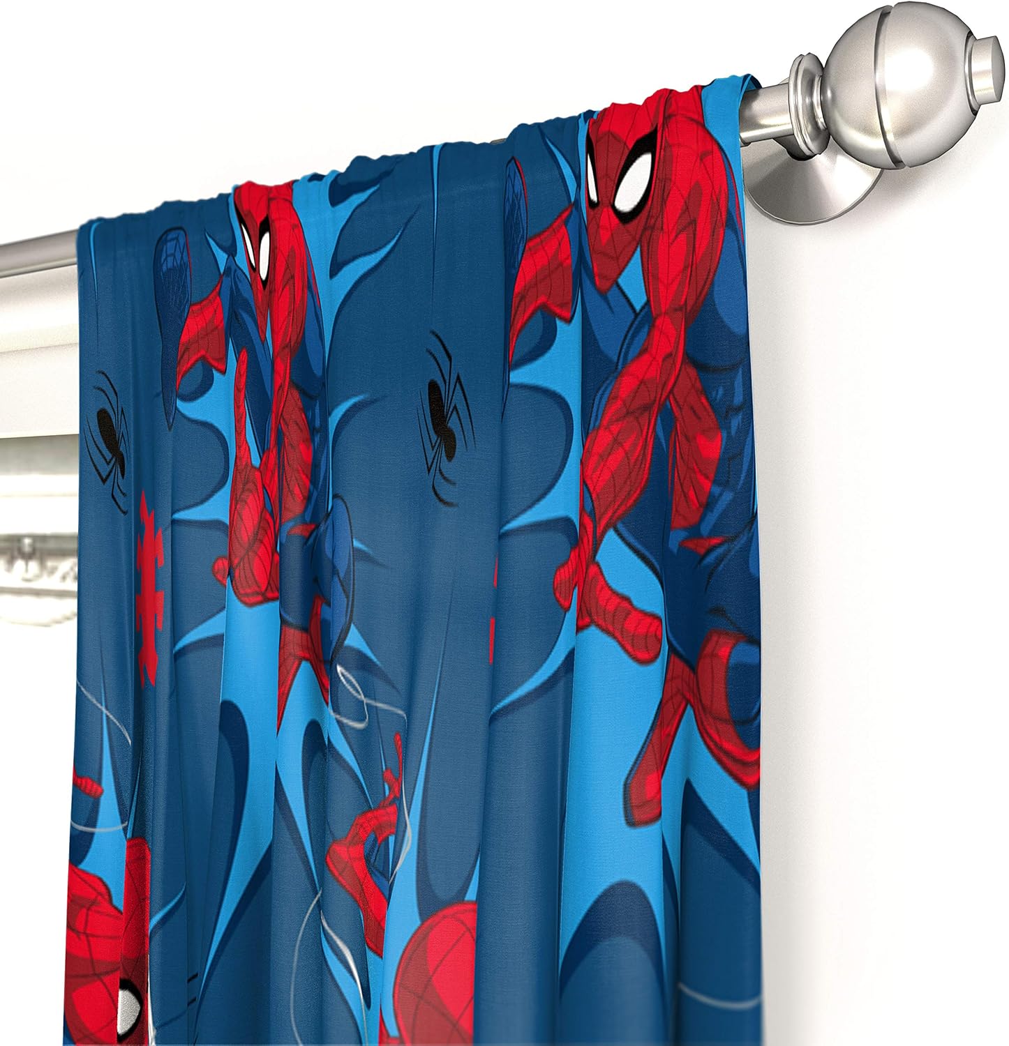 Jay Franco Kids Window Drapes - 4 Piece Curtain Set Includes 2 Tiebacks, Beautiful Bedding Room Décor and Easy Set Up, Blue - Spiderman, 84 Inch