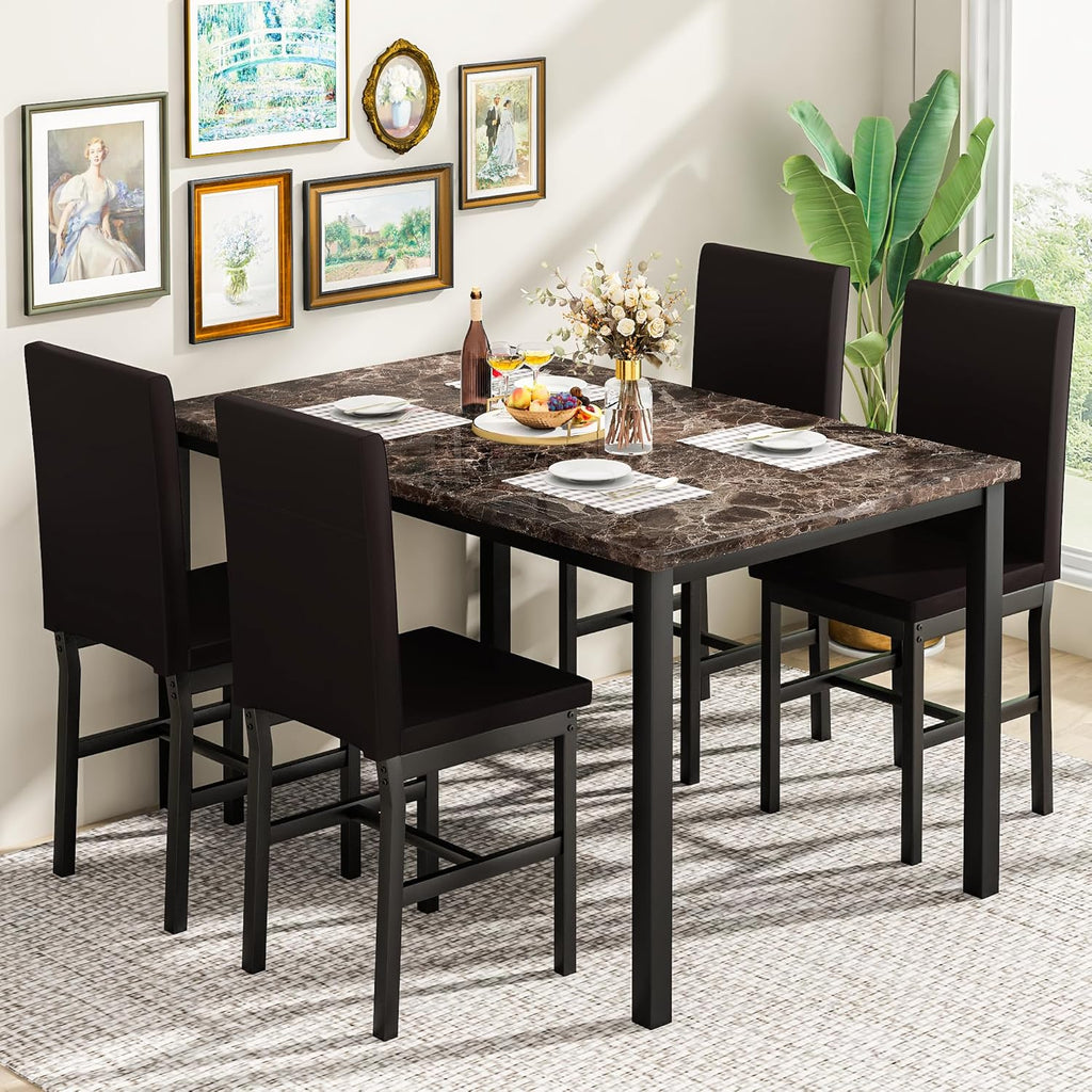Hooseng 5 Piece Dining Table Set for 4, Faux Marble Kitchen Table with Upholstered Chairs, Modern Dinner Table Set for Dining Room, Apartment, Small Spaces, Brown＆Brown
