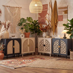 Decorative Storage Cabinet Sideboard with Hollow Carved Panels, 2 Doors, Natural Wood, 29.8 x 31.6 x 15.8 Inches. [Black, 1pc]