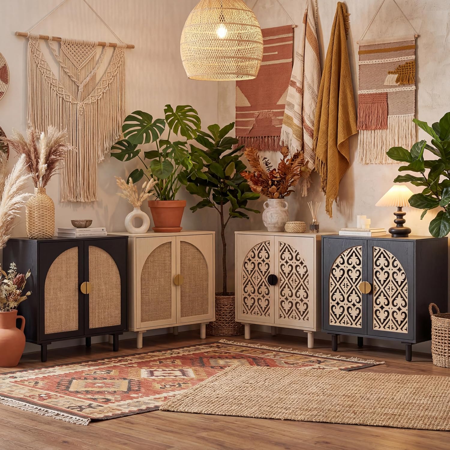 Decorative Storage Cabinet Sideboard with Hollow Carved Panels, 2 Doors, Natural Wood, 29.8 x 31.6 x 15.8 Inches. [Black, 1pc]