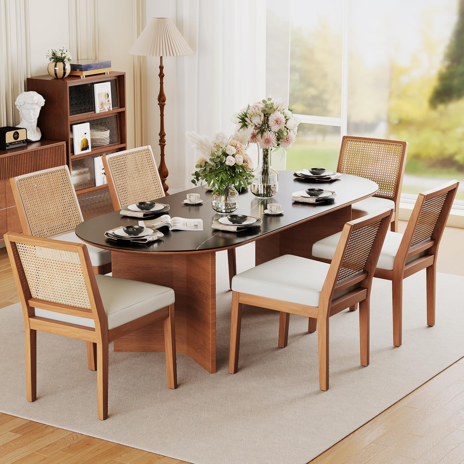 Andeworld Farmhouse Natural Rattan Dining Chairs Set of 6, Upholstered Mid Century Modern Kitchen Dining Room Side Chairs, Armless Faux Leather Kitchen Chairs with Wood Frame, Beige