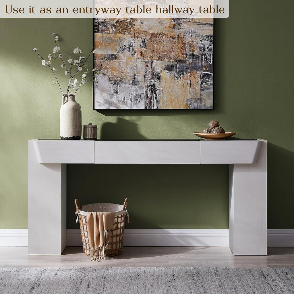 JXQTLINGMU 63" Modern Console Table with Storage Drawer, Entryway Table with Drawers, Thick Wood Legs, Sofa Table Behind Couch, Wood Console Tables for Entryway Hallway Living Room, White and Black